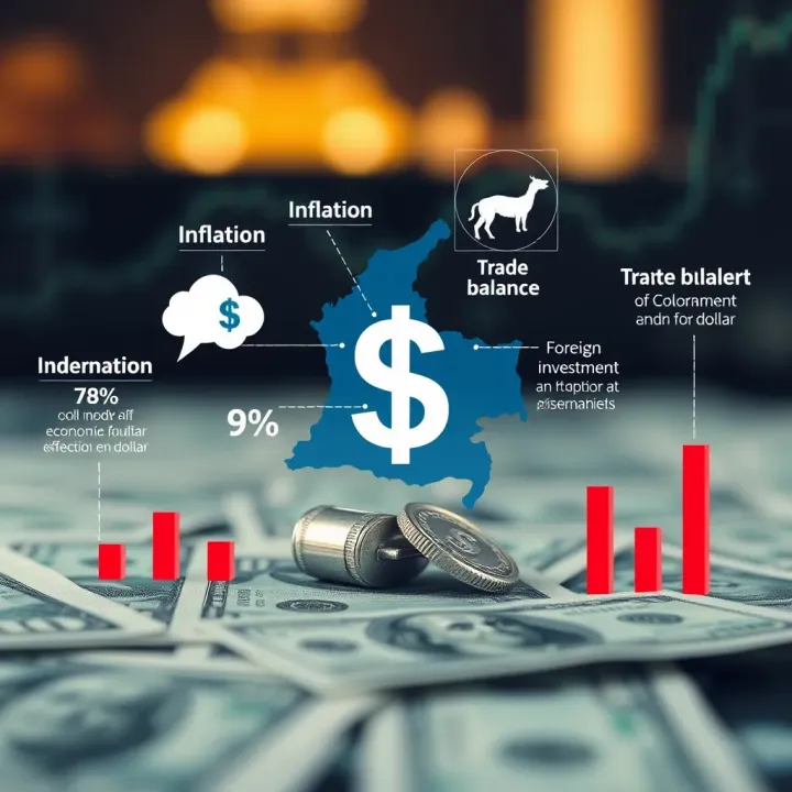 Illustration of key economic factors influencing the US dollar value in Colombia including inflation, trade balance, and foreign investment