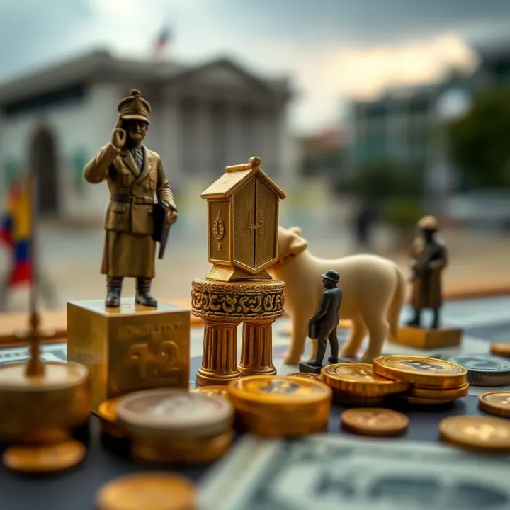 Economic and political symbols representing factors influencing the dollar's value in Colombia
