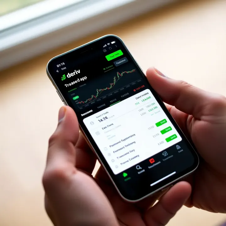 Mobile phone displaying the Deriv app interface with trading charts and options