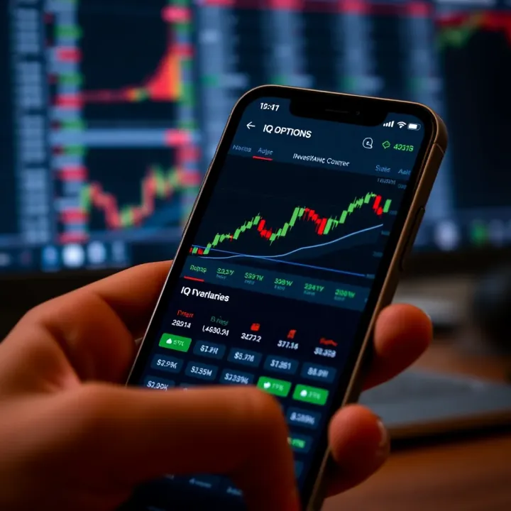 Smartphone displaying the IQ Option trading app interface with charts and investment options
