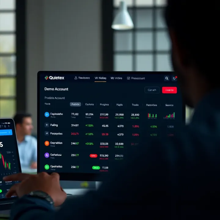 Overview of Quotex demo account interface showing trading options and balance