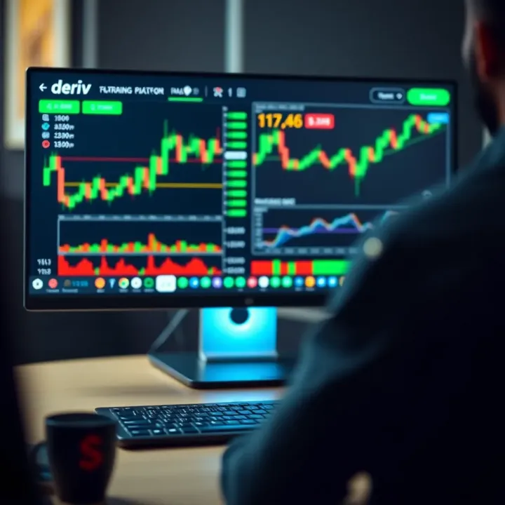 Computer screen displaying Deriv trading platform dashboard with charts and analytics