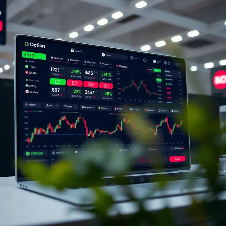Dashboard interface of IQ Option platform showing various tradable assets and live charts