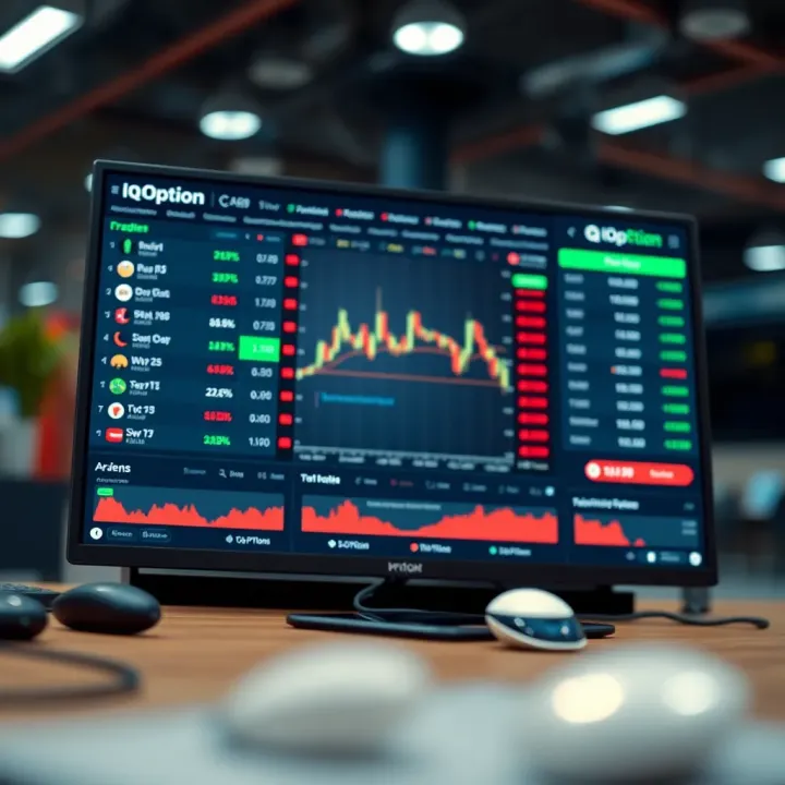 User interface of IQ Option platform displaying various financial assets and trading options