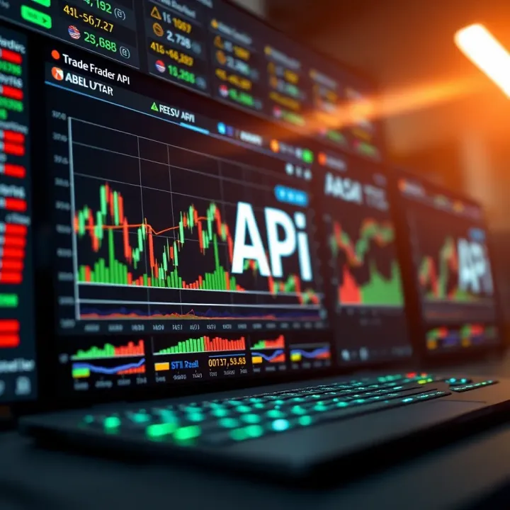 Illustration showing a digital interface for financial API integration with graphs and code elements