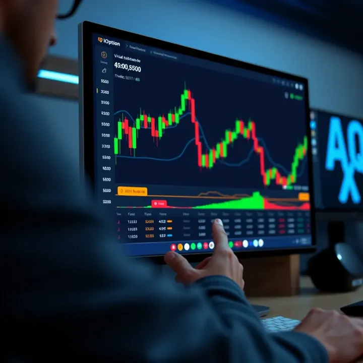 Practicing Trading Strategies on IQ Option Demo Platform Computer screen displaying trading platform with virtual currency balance for practice