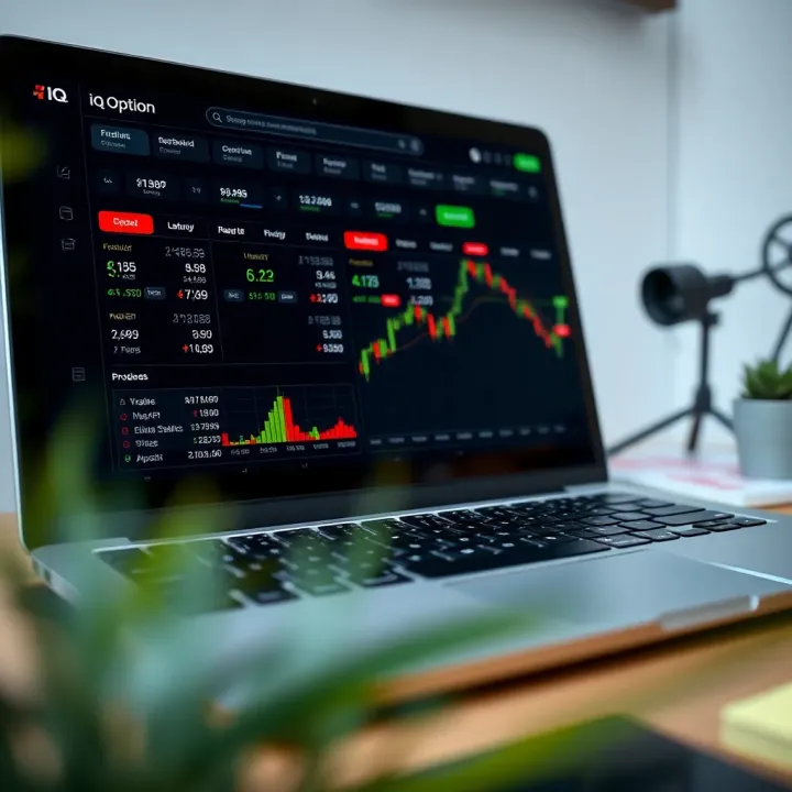 Laptop screen showing the IQ Option dashboard with various financial instruments and trading options
