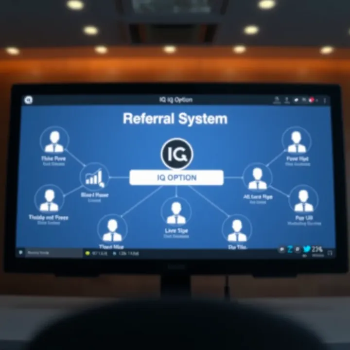 Illustration showing the referral system of IQ Option with connection lines between users and trading platform icons