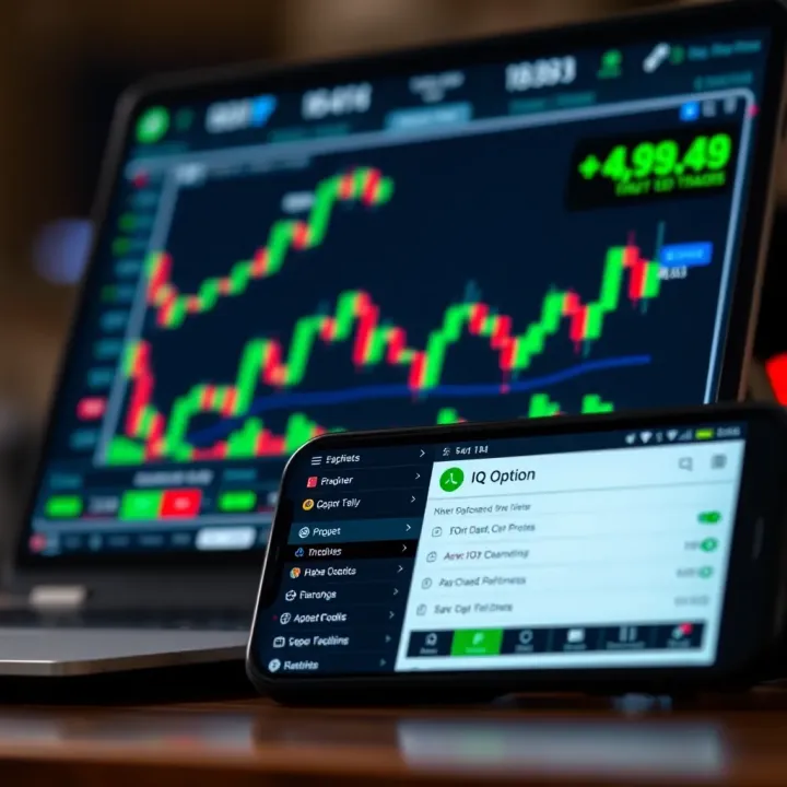 Mobile device displaying IQ Option trading platform interface with clear charts and options