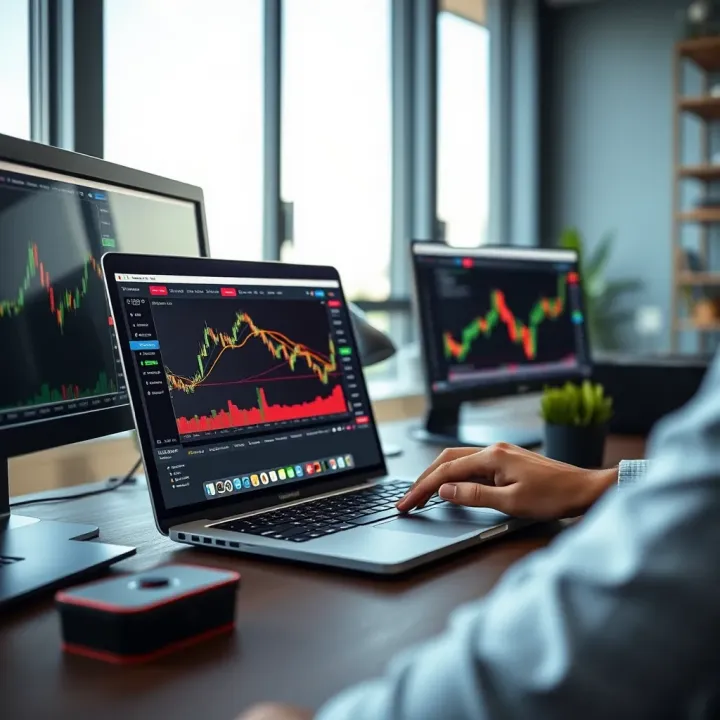 Laptop showing IQ Option platform with trading charts and user-friendly dashboard