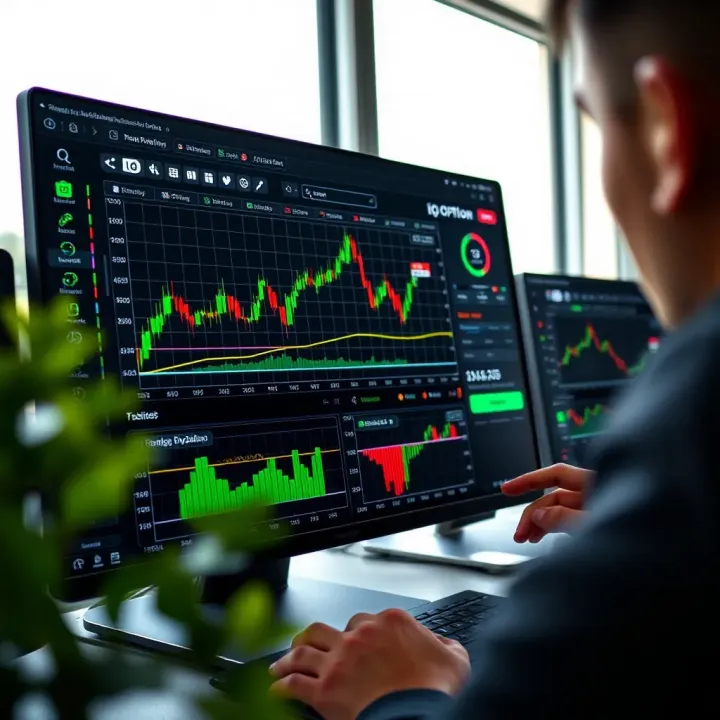User interface of IQ Option trading application displaying various trading tools and charts