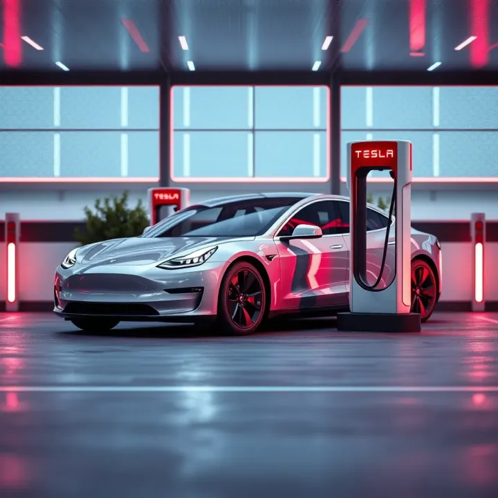 Tesla electric car charging at a futuristic station showcasing innovation in automotive technology