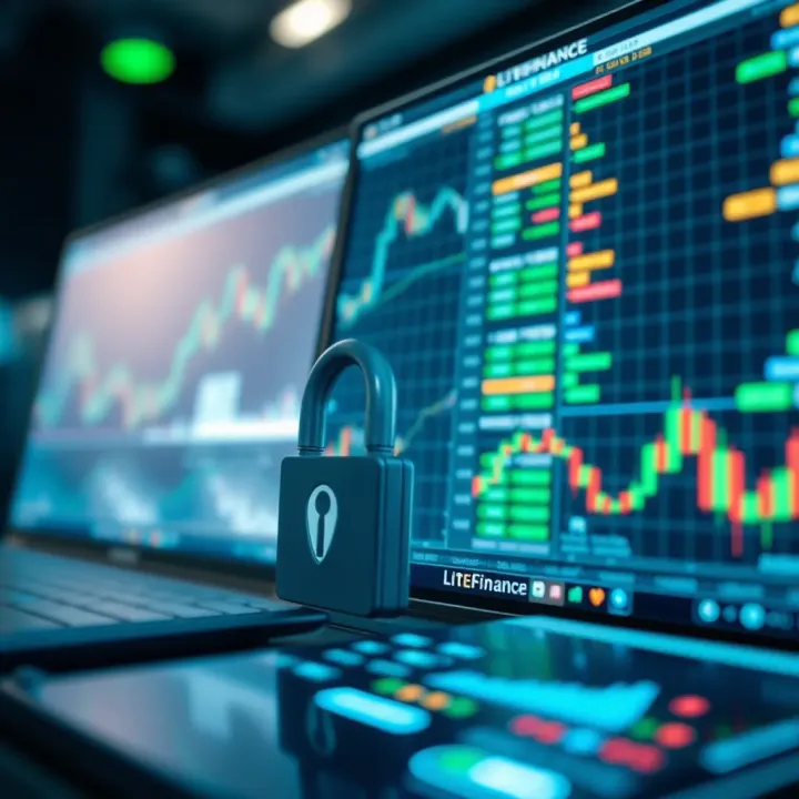 Conceptual graphic illustrating secure online trading and regulatory compliance for LiteFinance broker