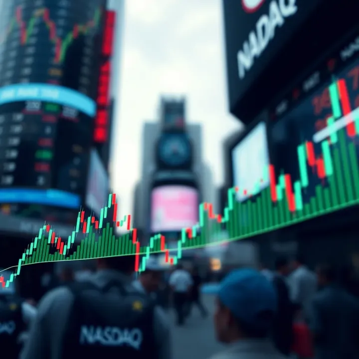 Graph showing recent trends of a major US technology stock index with candlestick patterns and volume bars