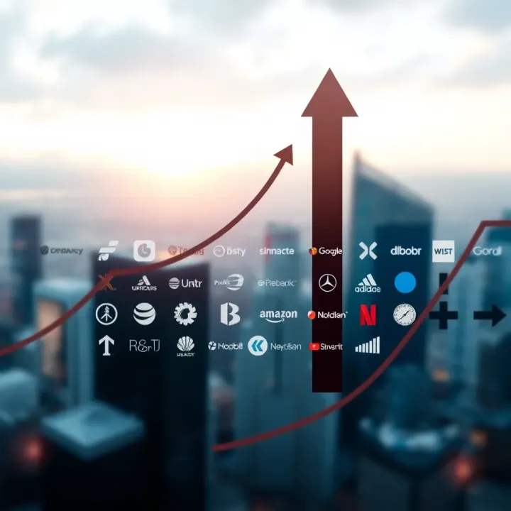 Illustration of key tech companies' logos arranged with upward and downward arrows to represent market influence