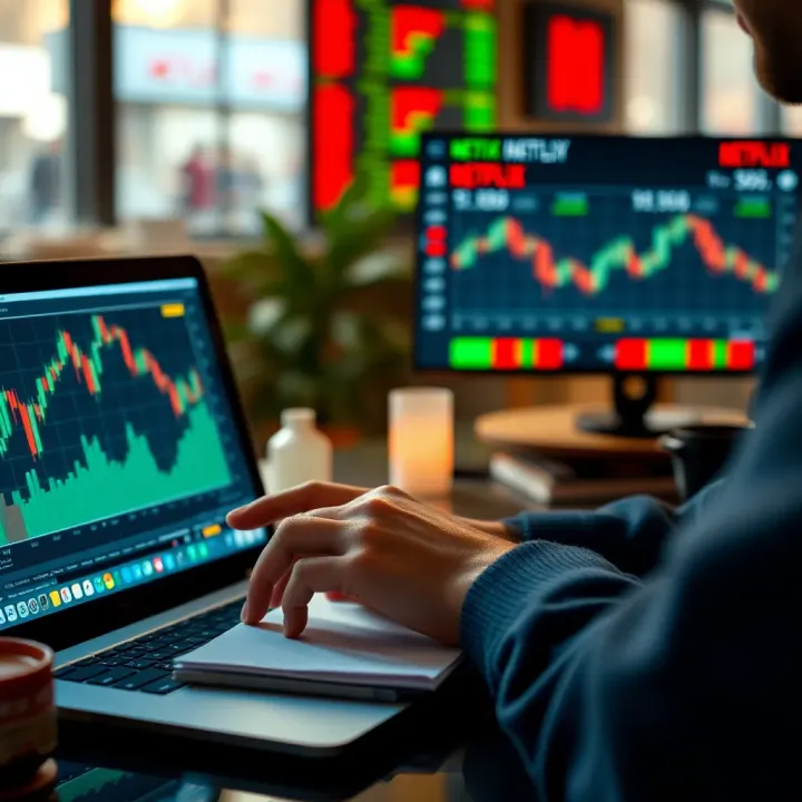 Close-up of a person analyzing stock market graphs with a laptop and notes