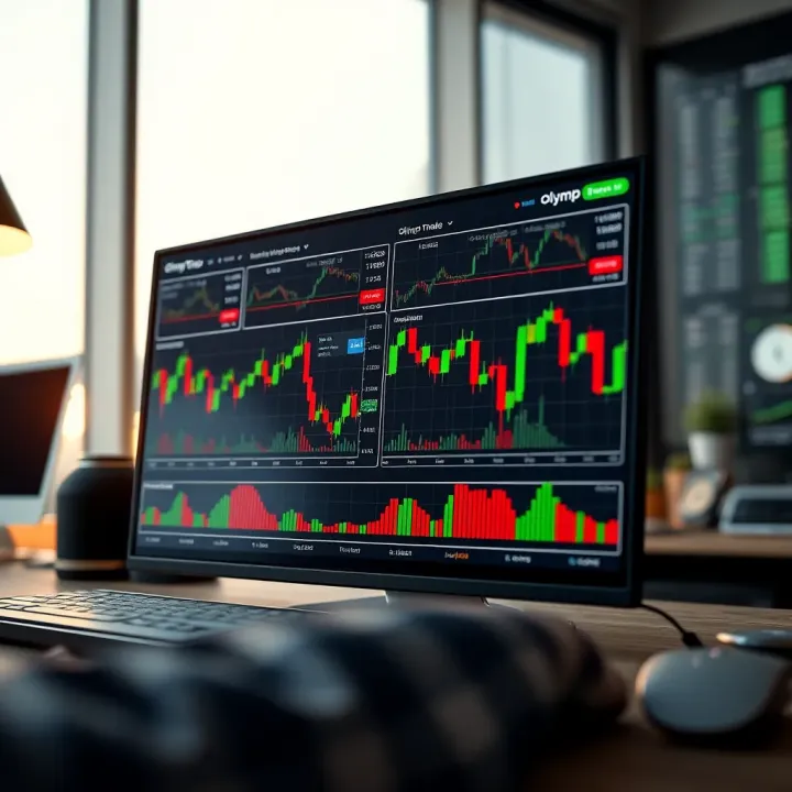 Interface of Olymp Trade online trading platform showing various financial instruments and market charts