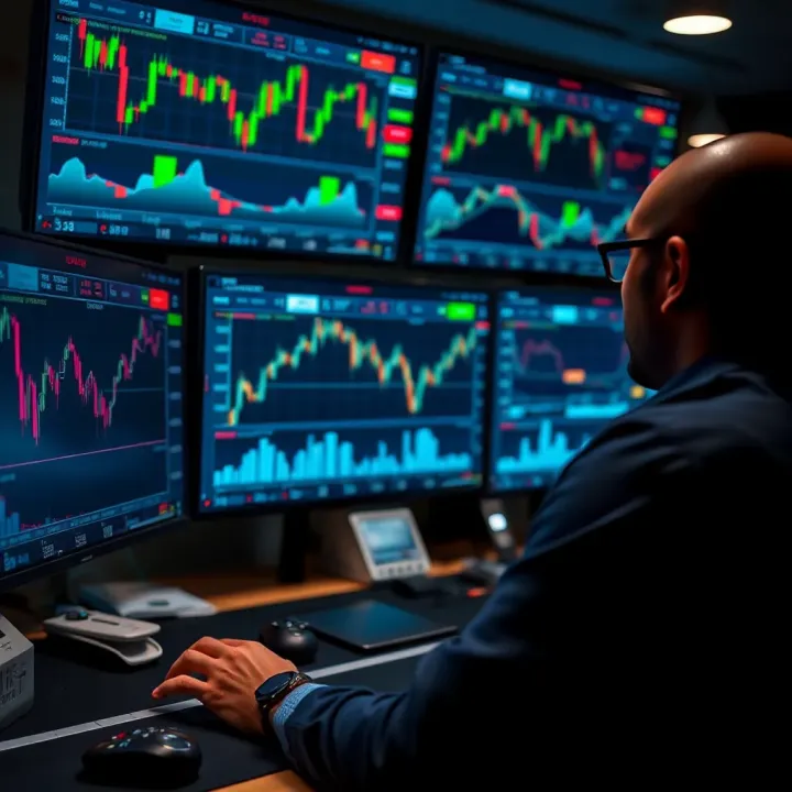 Trader analyzing financial charts on multiple screens showing market trends