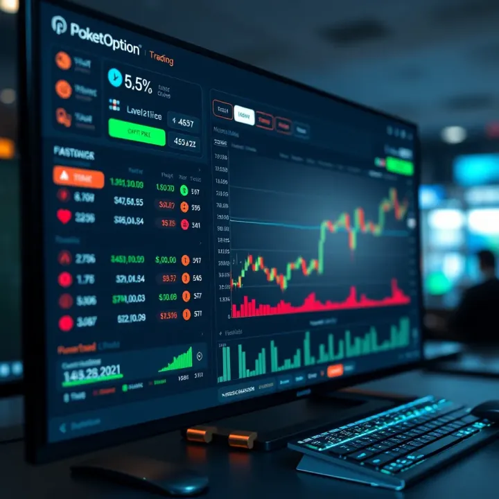 Interface of PoketOption trading platform showing various financial instruments and trading options