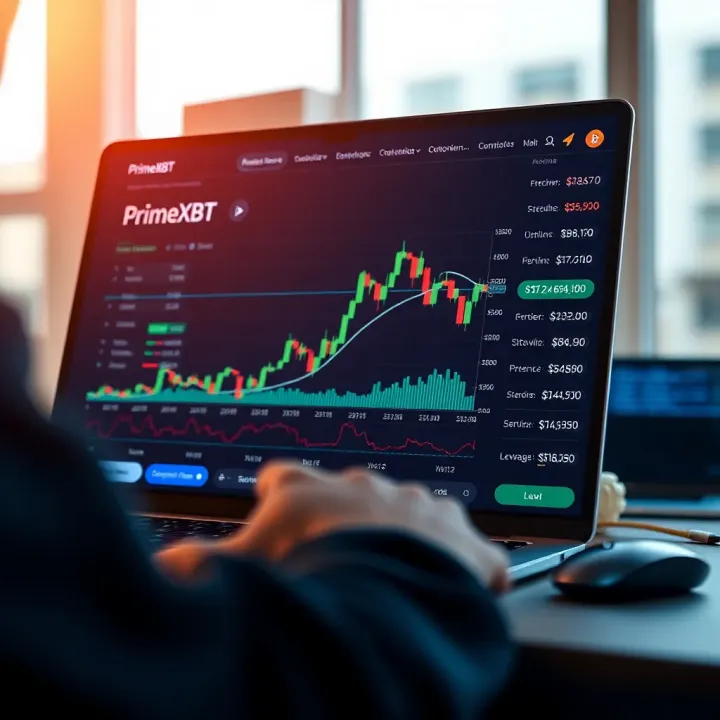 User interface of PrimeXBT showing cryptocurrency trading charts and leverage options