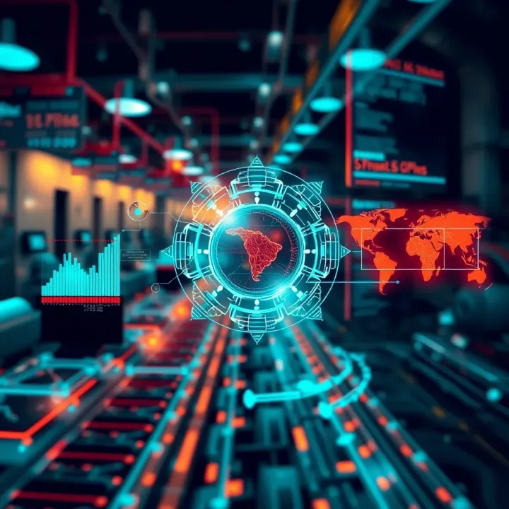 Visualization of advanced AI applications impacting multiple Colombian industry sectors with futuristic data flow and analytics