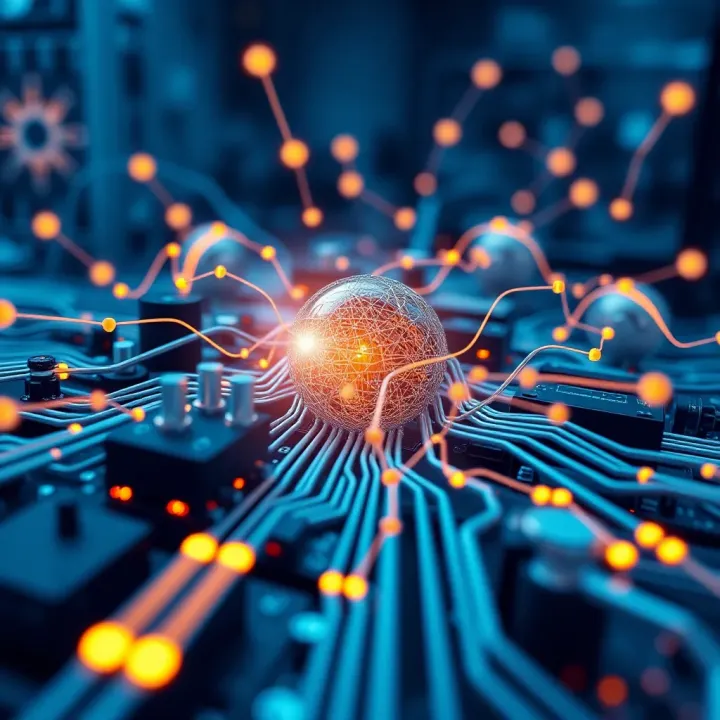 Abstract representation of quantum computing and artificial intelligence integration with digital neural network and quantum circuits