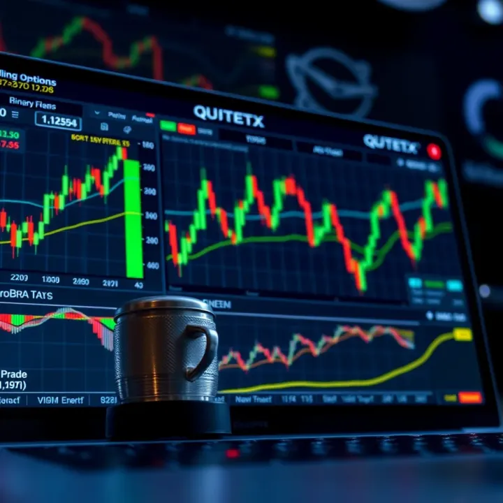 Digital interface displaying binary options trading charts and statistics