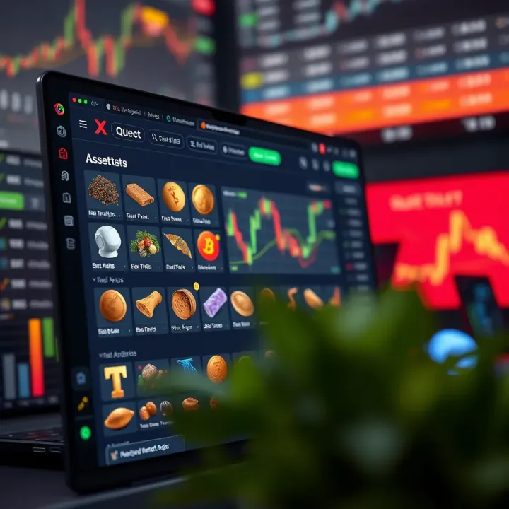 User interface showcasing asset types and trading platform features