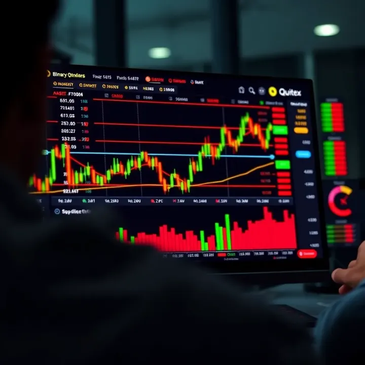Digital interface showing binary options trading platform with charts and asset selection