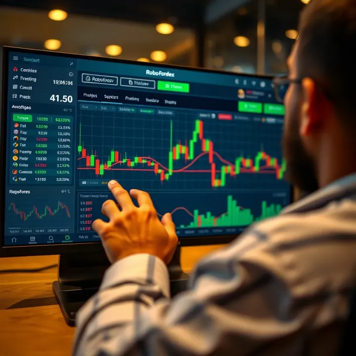 User navigating Roboforex dashboard with financial charts and options visible