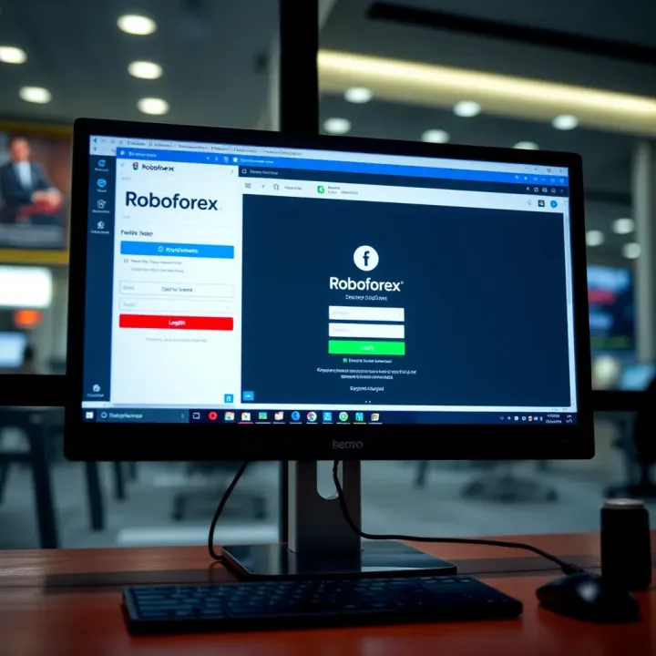 Secure login screen showing Roboforex platform interface on a computer monitor