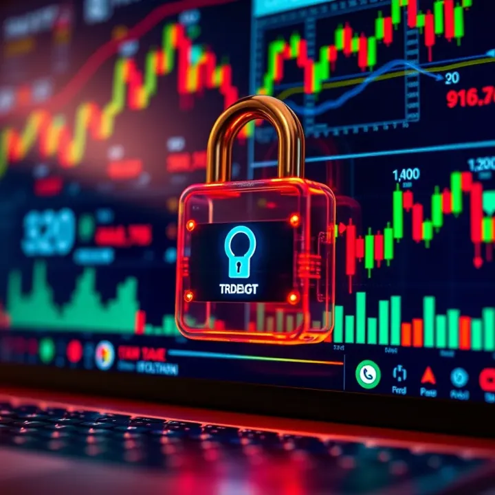 Secure investment concept with digital lock and financial charts representing safe binary trading in Colombia
