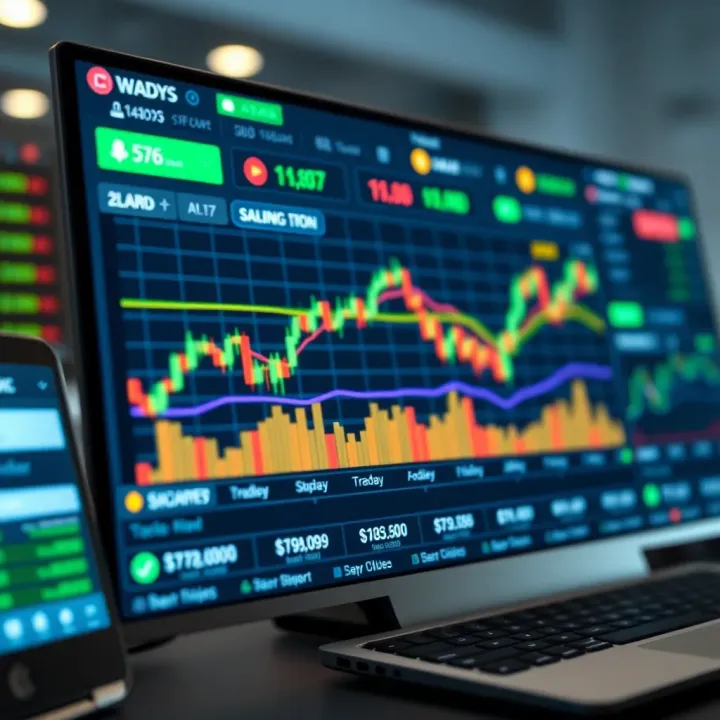 Digital interface showing a stock trading simulator with charts and virtual currency values