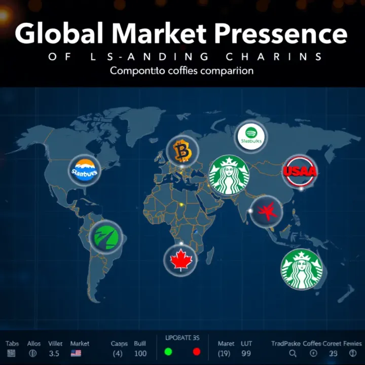 Global coffee shop market comparison showing various company logos and market presence on a world map