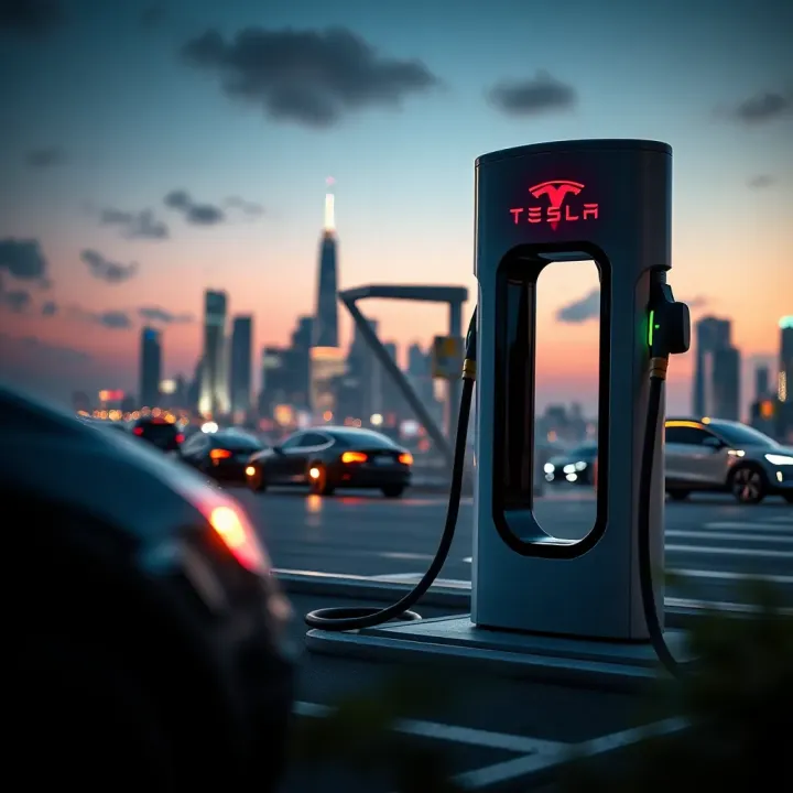 Electric vehicle charging station with a futuristic city skyline in the background