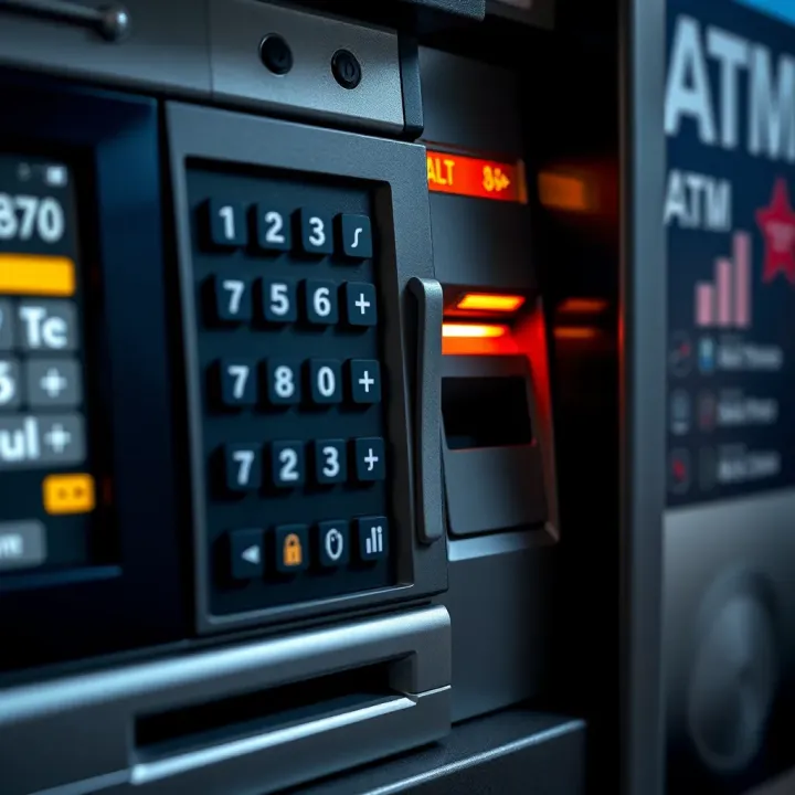 Close-up of a secure ATM keypad and card slot highlighting security features
