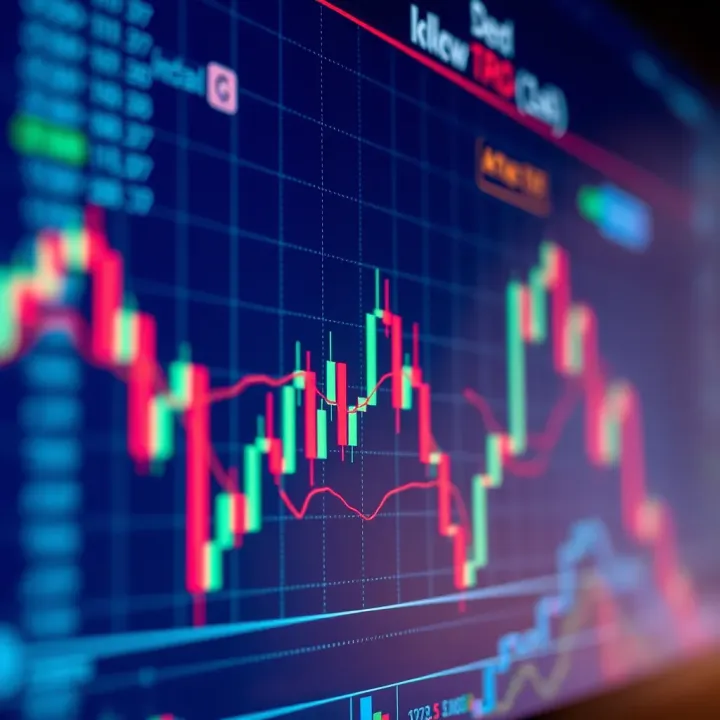 Graph displaying financial market trends with candlestick and line charts
