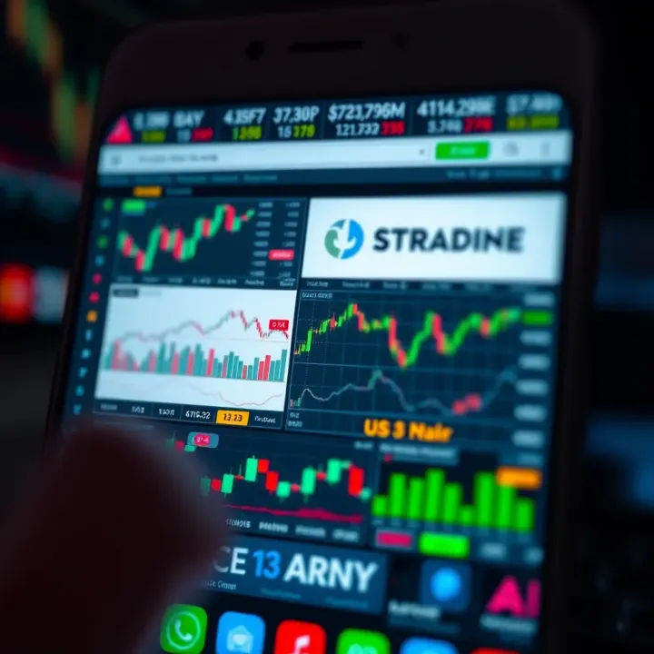 Mobile screen displaying various trading app interfaces with charts and market data