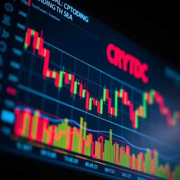 Graph showing cryptocurrency price fluctuations and trading volume on a digital screen