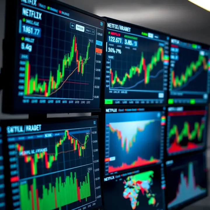 Stock market charts displayed on multiple computer screens illustrating financial data and trends