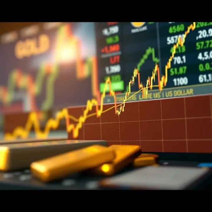 Graph showing the fluctuating price of gold against the US dollar with market indicators in the background