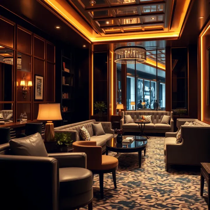 Luxurious VIP lounge area with elegant seating and ambient lighting