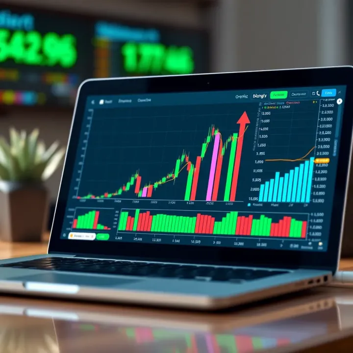 Graphical representation of investment growth using a trading simulation tool on a laptop screen