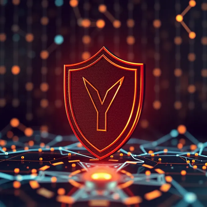 Security shield icon with blockchain network background